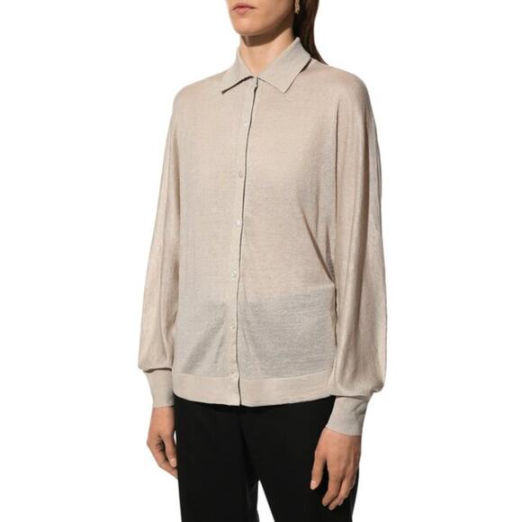 THEORY Beige Long Balloon Sleeve Linen Blend Button Down Shirt Top Blouse Size S - Picture 1 of 10